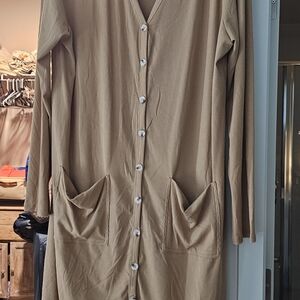 Elegant Tan Button-Up Cardigan Extra Long